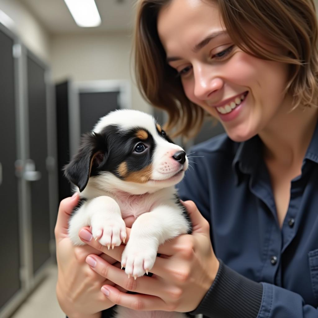 Bo puppy being held by breeder