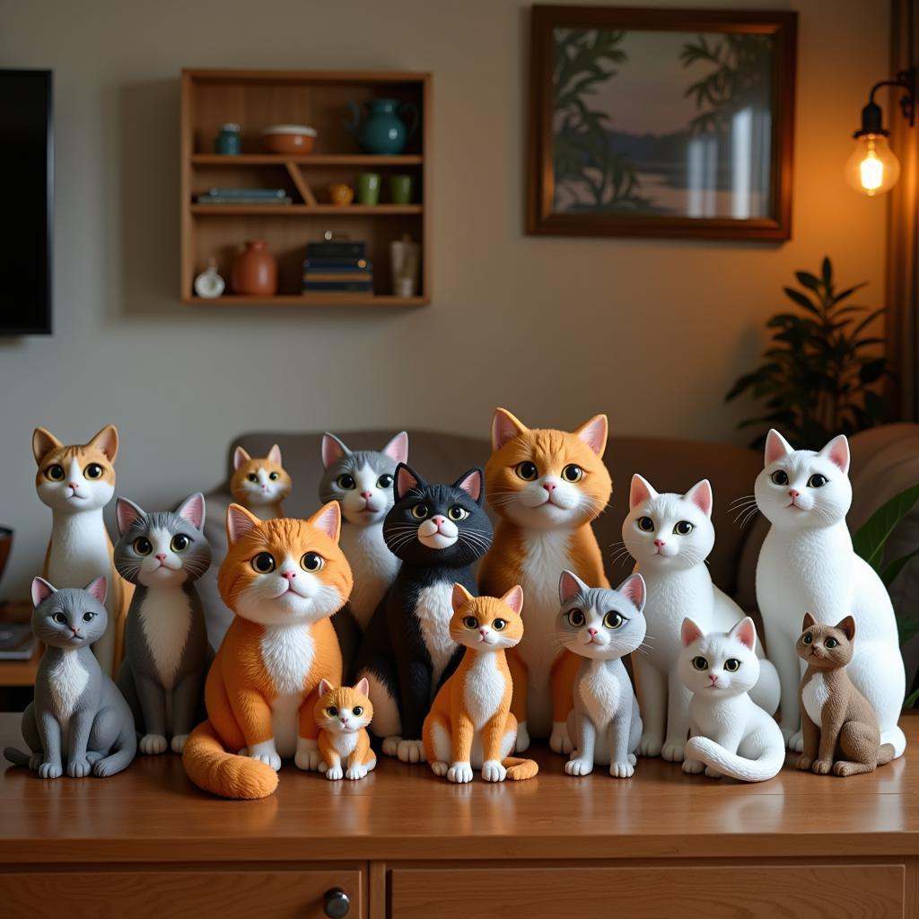 A collection of bobblehead cats on a shelf