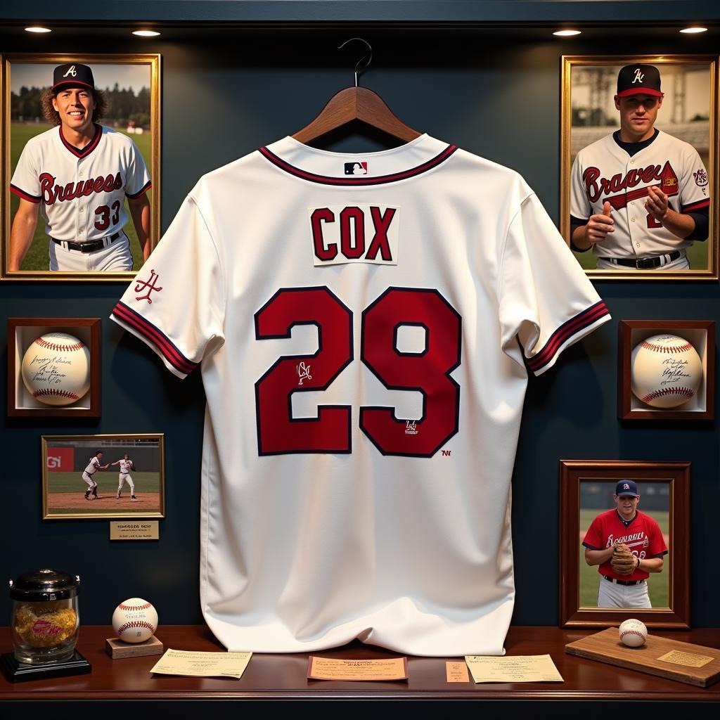 A signed Bobby Cox jersey displayed with other Braves memorabilia