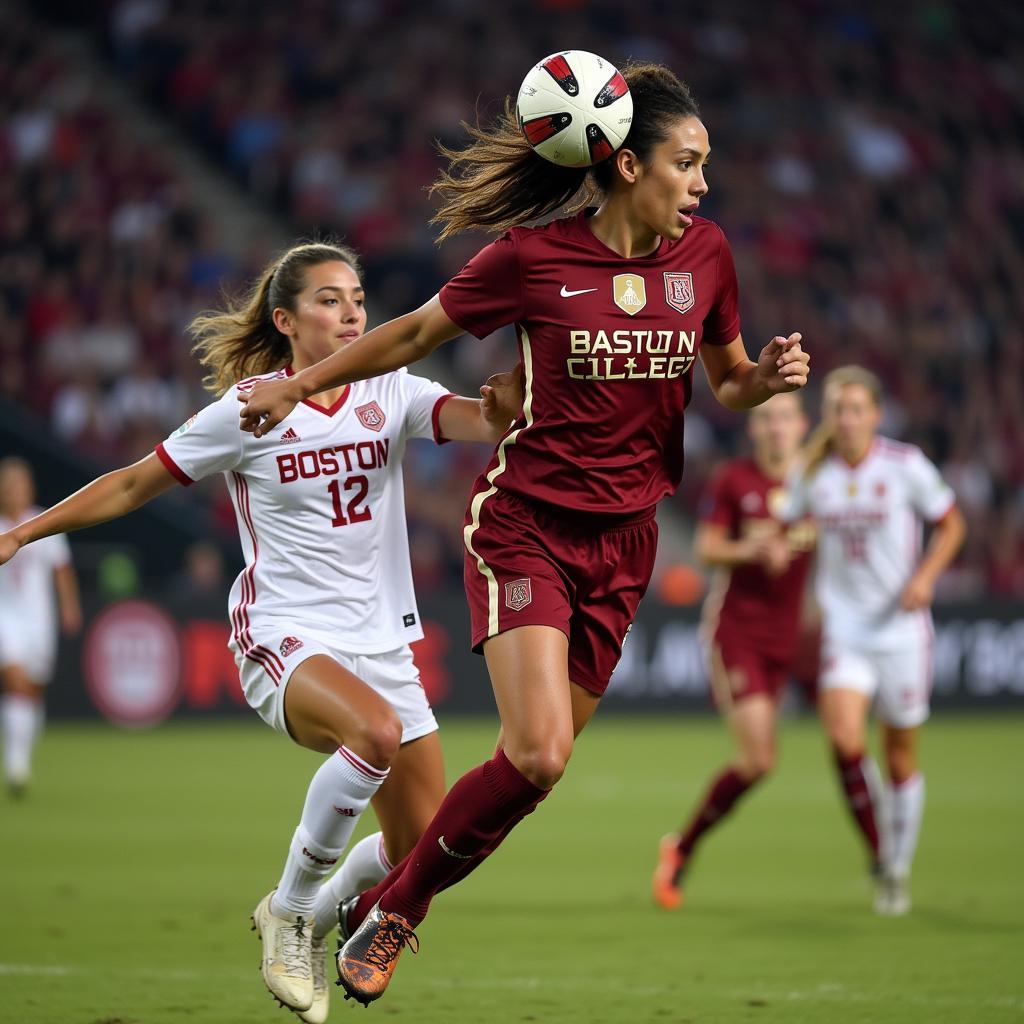 Boston College soccer game: player executing a powerful header