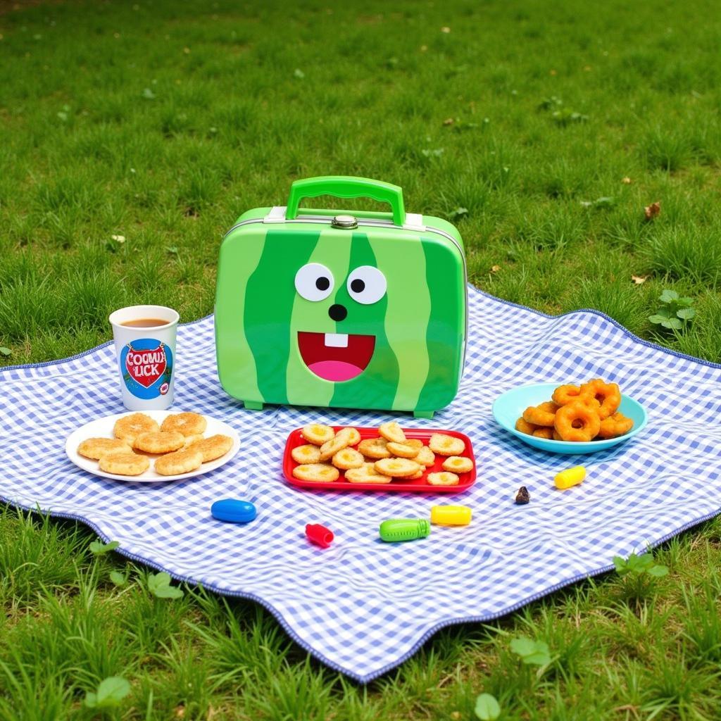 Cocomelon-themed picnic spread out on a blanket in Boston Public Garden