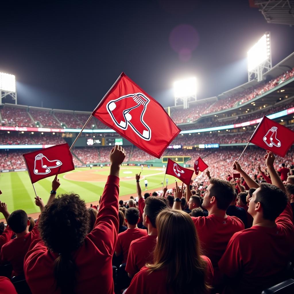 Boston Red Sox fans celebrating with flags