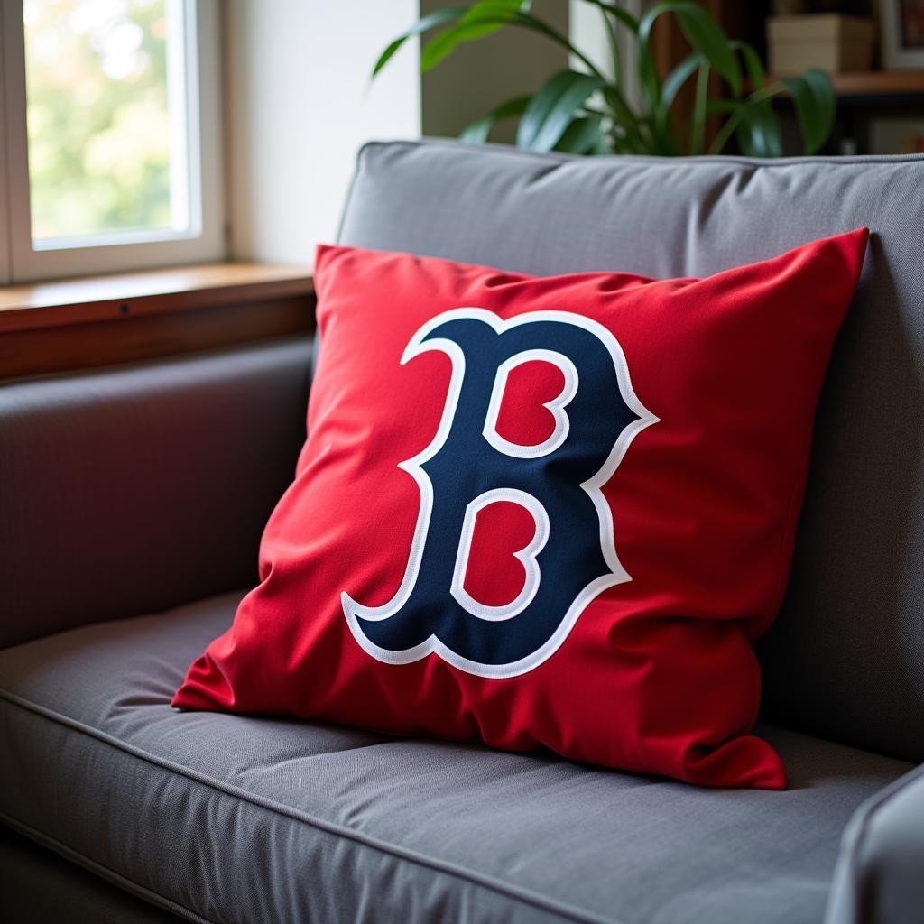 Boston Red Sox pillow placed on a sofa in a living room setting