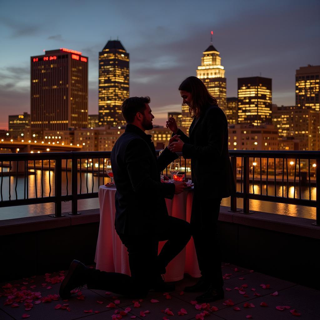 Couple Embracing During a Boston Rooftop Proposal with City Lights in the Background