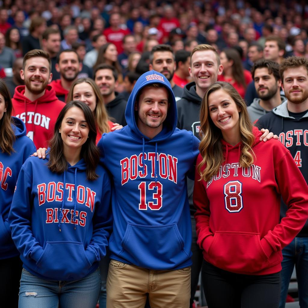 Fans wearing boston sports hoodies in a crowd