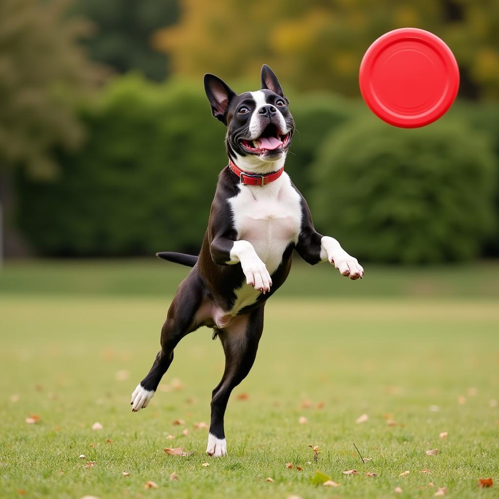 Boston Terrier catching a frisbee mid-air