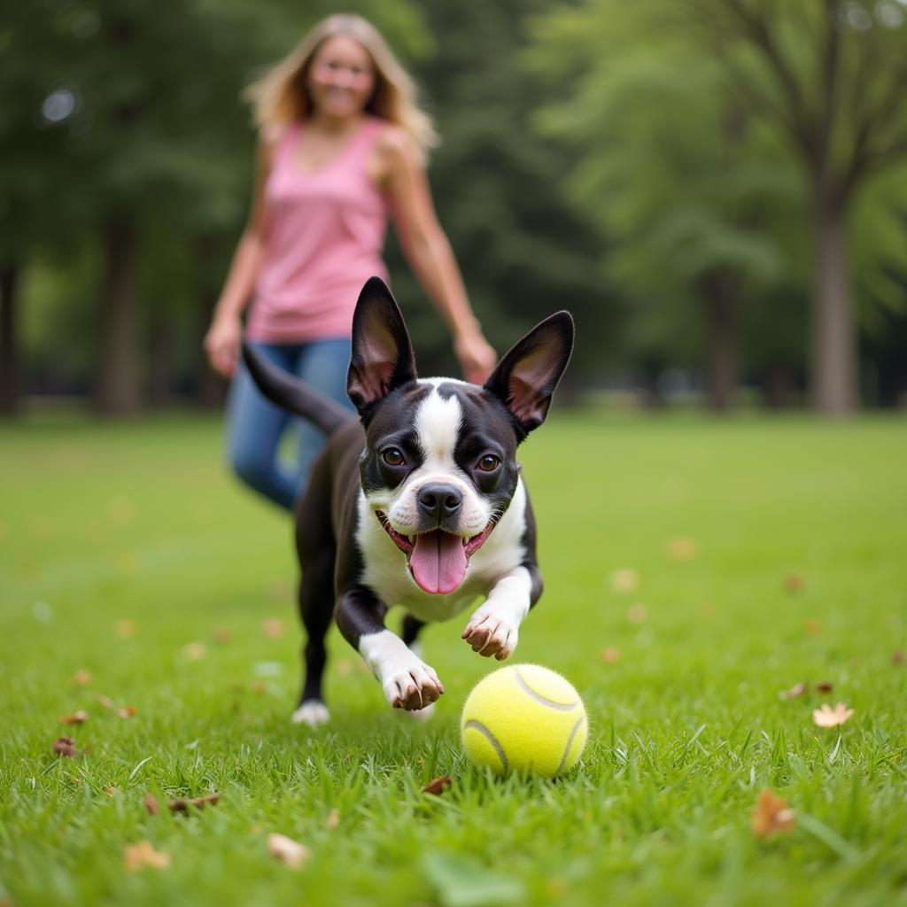 Boston Terrier playing fetch in a park