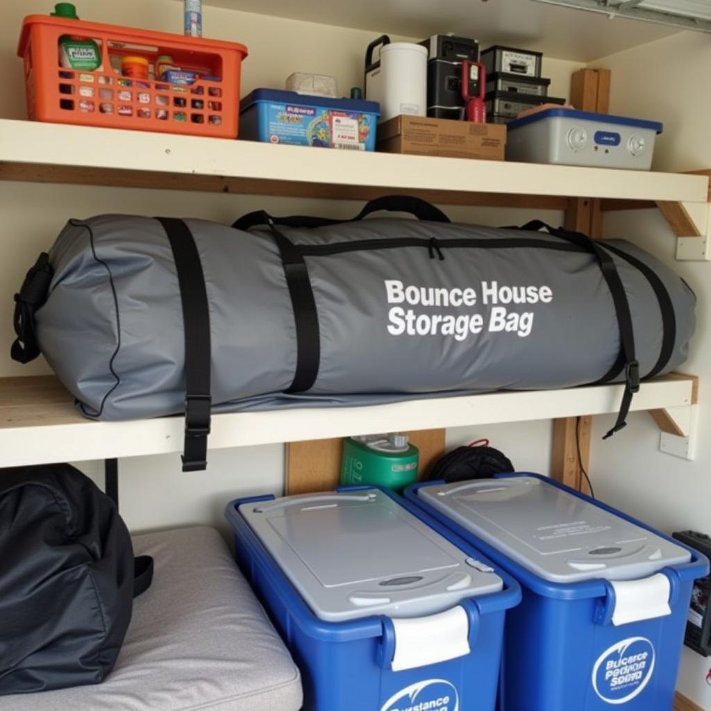 Bounce house storage bag in a clean and dry storage location