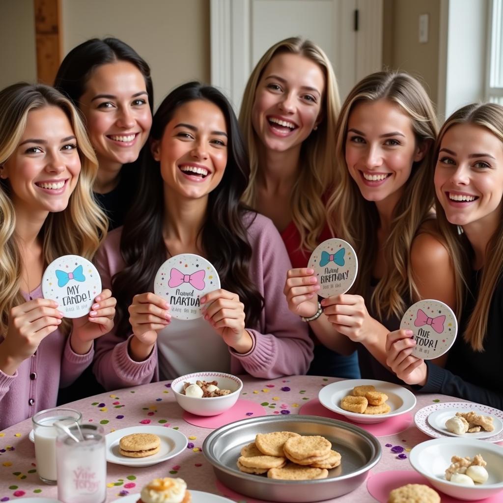 Guests receiving personalized birthday buttons as party favors at a bow-themed event.