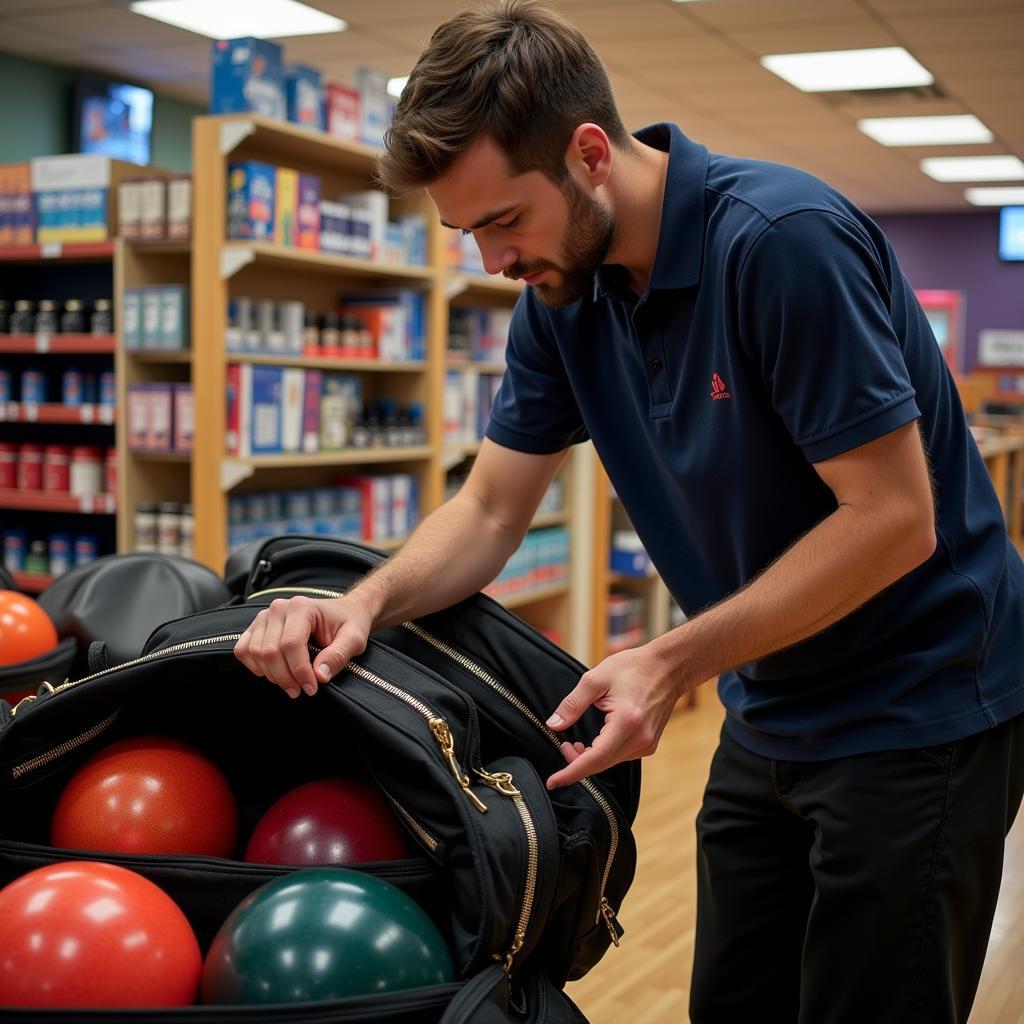 A bowler examining a three bowling ball bag in a pro shop