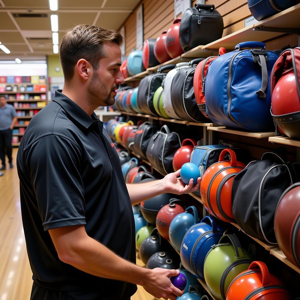 A bowler carefully choosing a 2-ball bowling bag from a selection of Storm bags