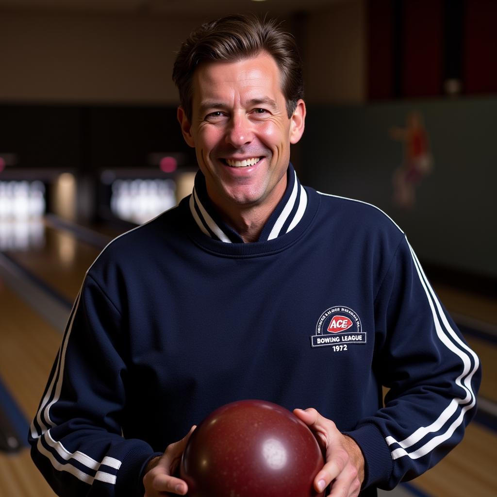 Man wearing a vintage-style bowling sweatshirt