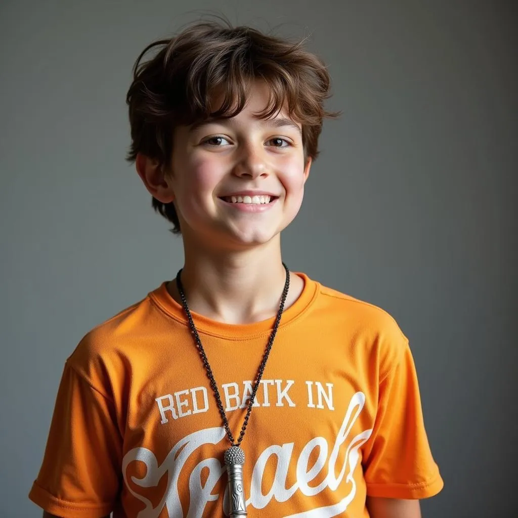 Young boy wearing a baseball bat pendant necklace