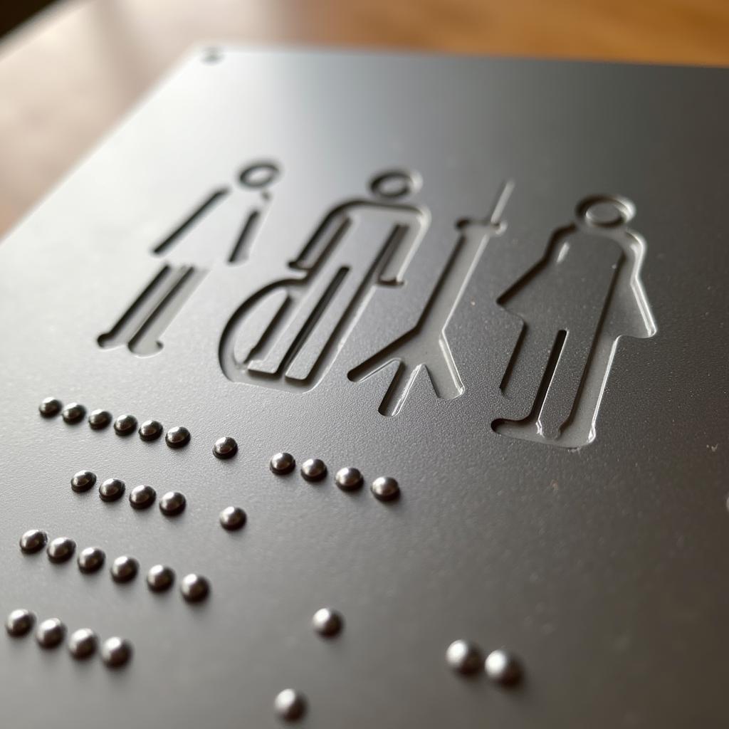 Close-up of a braille restroom sign