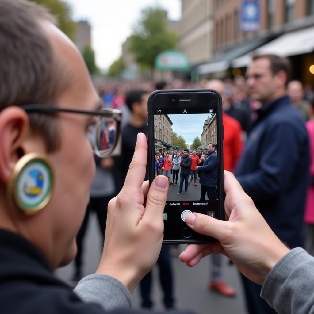 People using phone ring holders with a company logo at a parade.