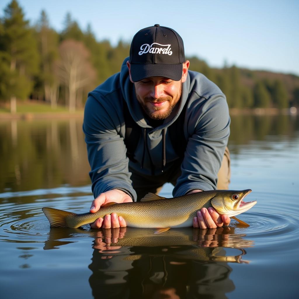 Brandon Belt carefully releasing a fish back into a lake