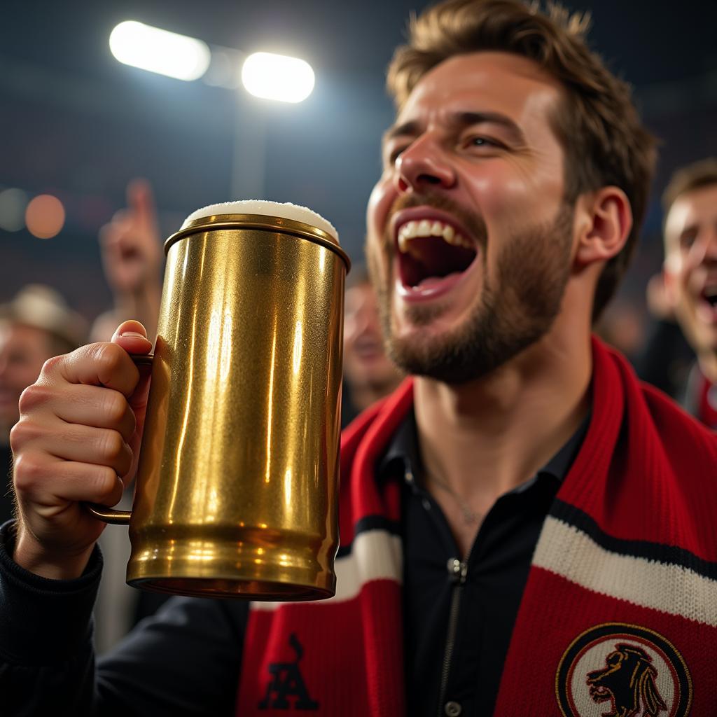 A football fan cheering with a brass beer mug in hand