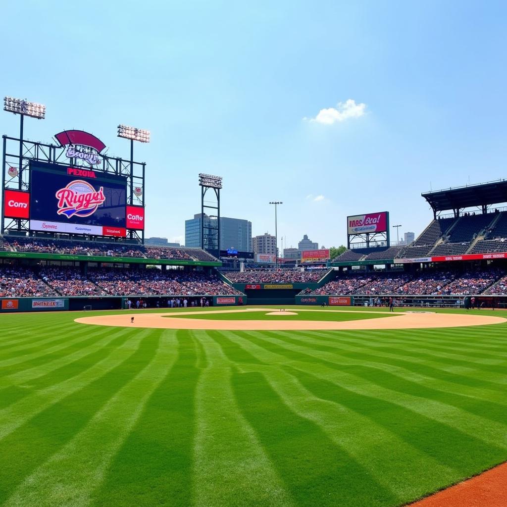 Modern baseball field with scoreboard and seating