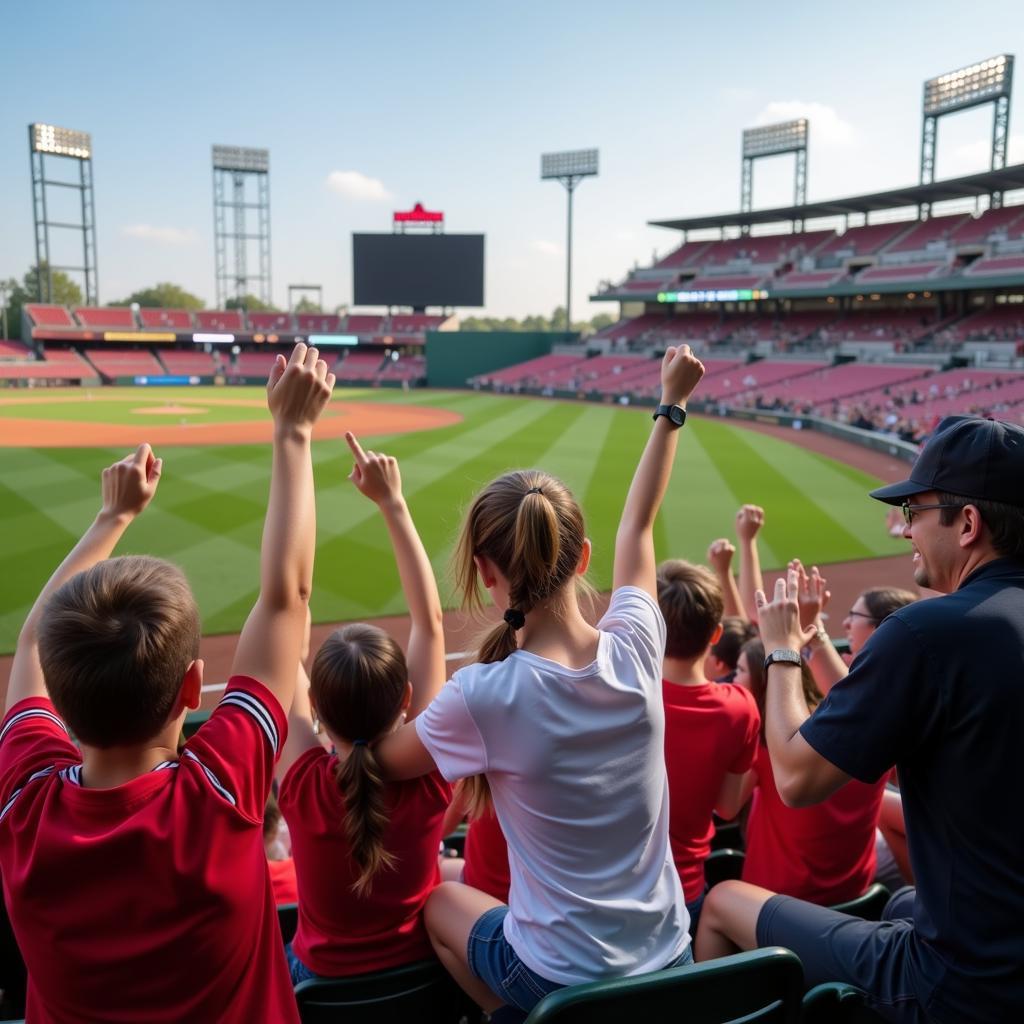 Families and fans cheering at a baseball game