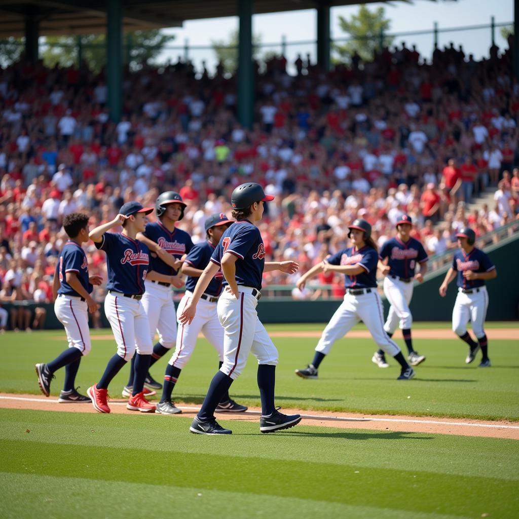 Youth baseball players competing in a game at the Braves Invitational