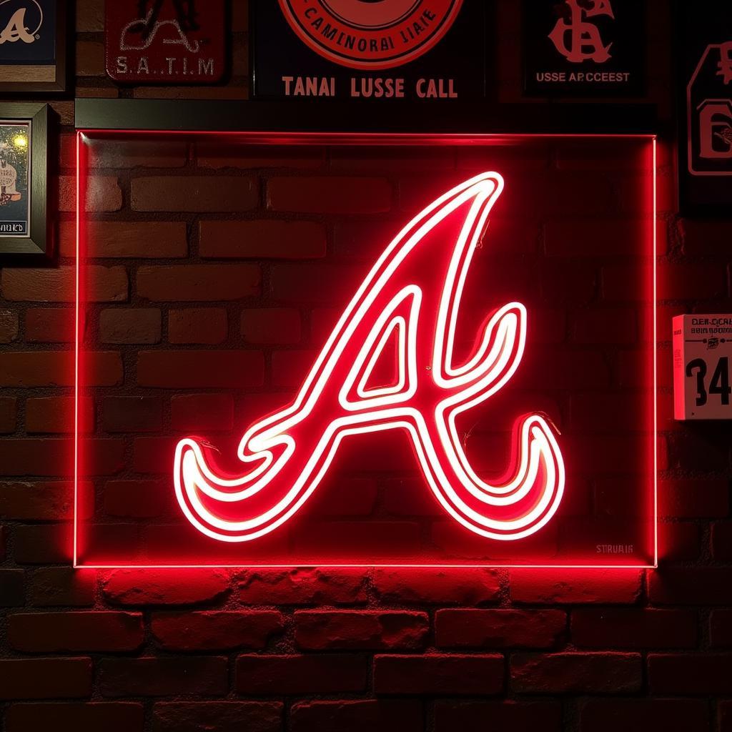 Braves neon sign illuminating a fan cave