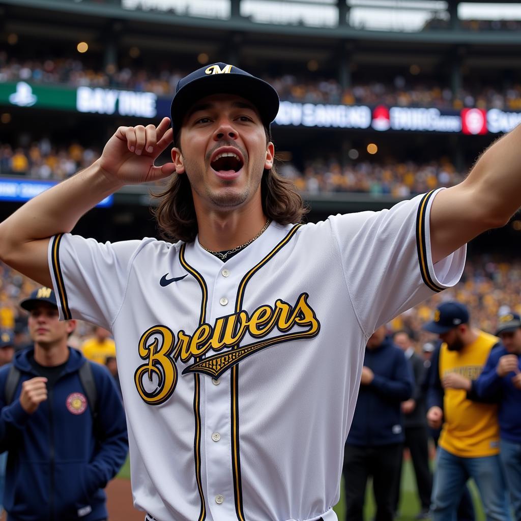 A fan wearing a Milwaukee Brewers jersey at a game