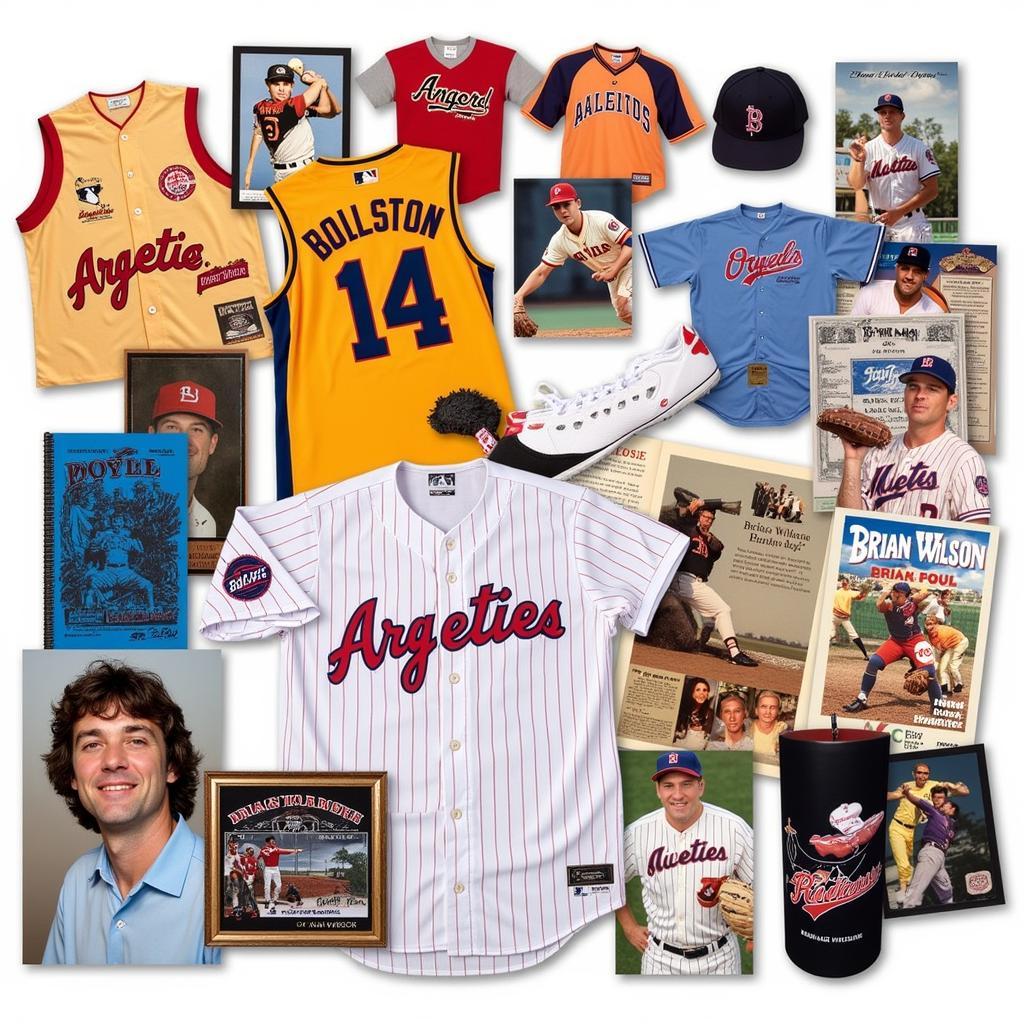 Display of various Brian Wilson collectibles, including an autographed baseball, a figurine, and trading cards.