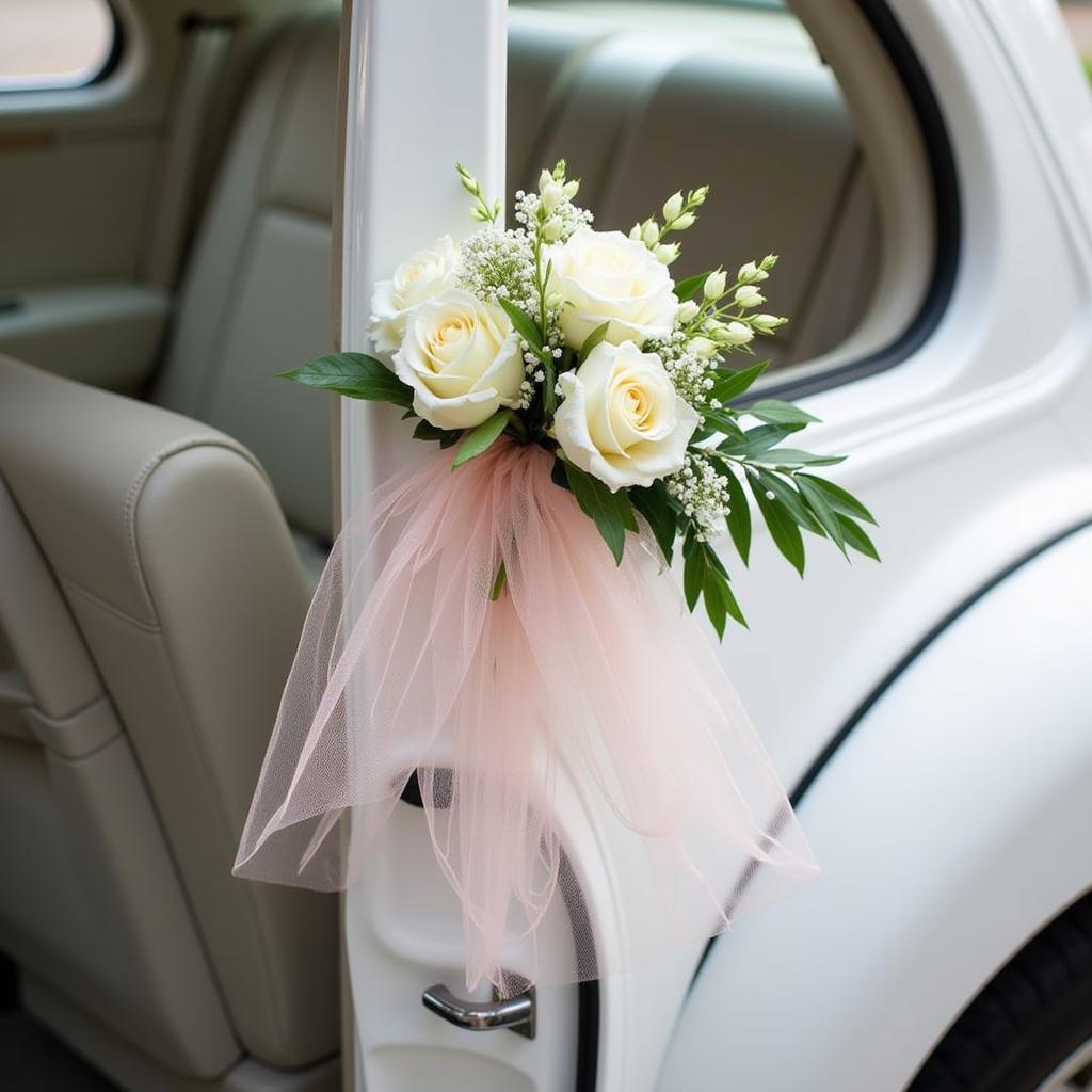 Wedding car door decorated with flowers and tulle