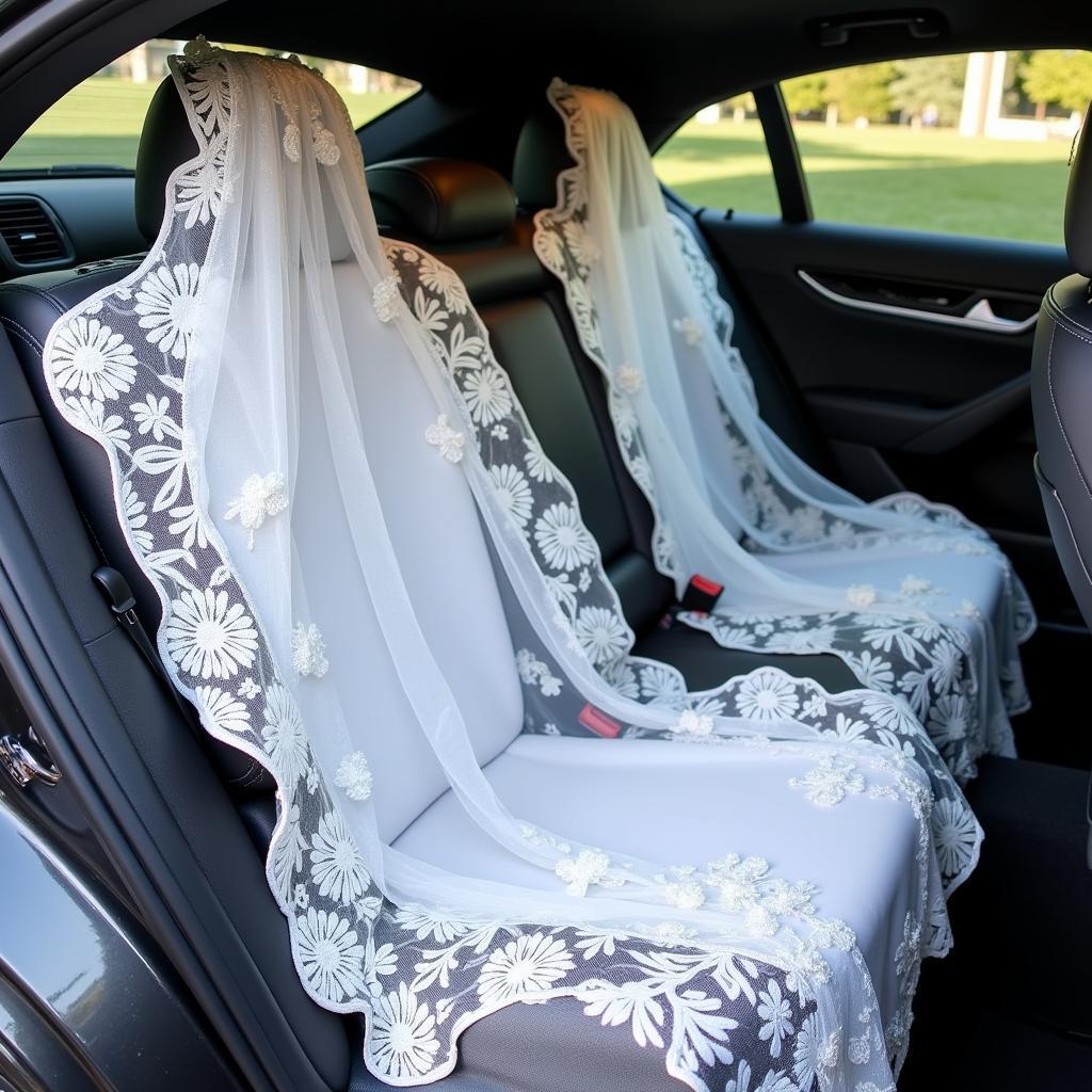 White lace bride seat cover with floral detail