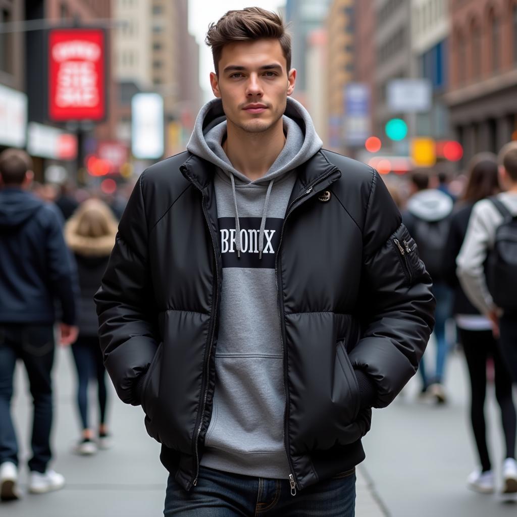 A man sporting a classic black Bronx bubble jacket in a bustling city street