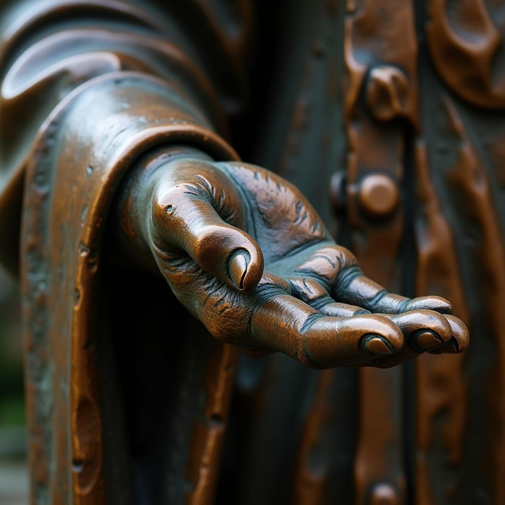 Close-up of a bronze statue's hand