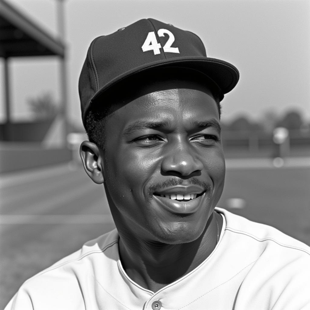 Jackie Robinson wearing his iconic number 42 Brooklyn Dodgers hat