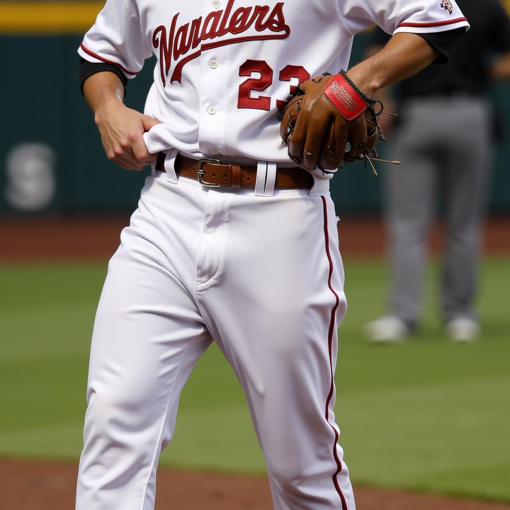 Baseball player wearing a brown belt during a game