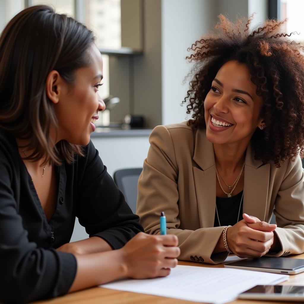 A mentor guiding a mentee during a workshop