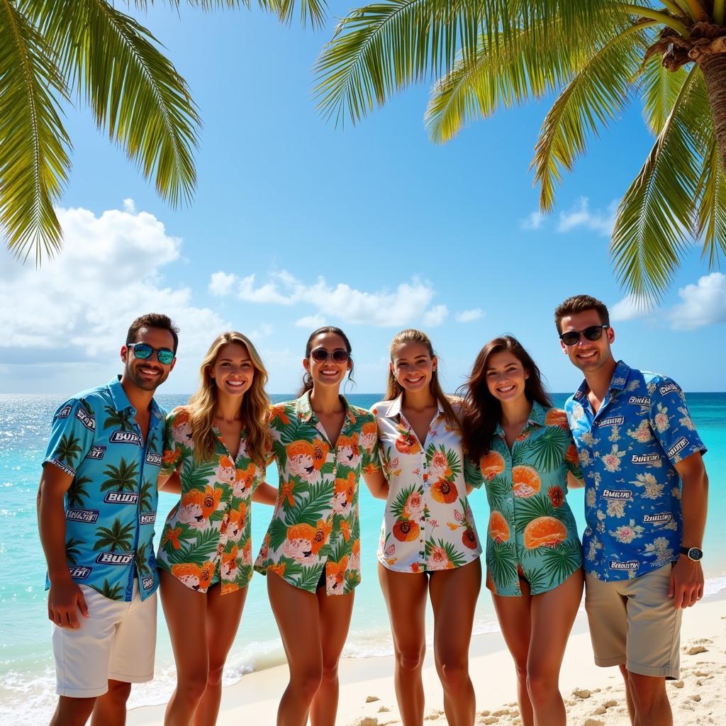 Group of friends wearing Bud Light Hawaiian shirts at a beach party