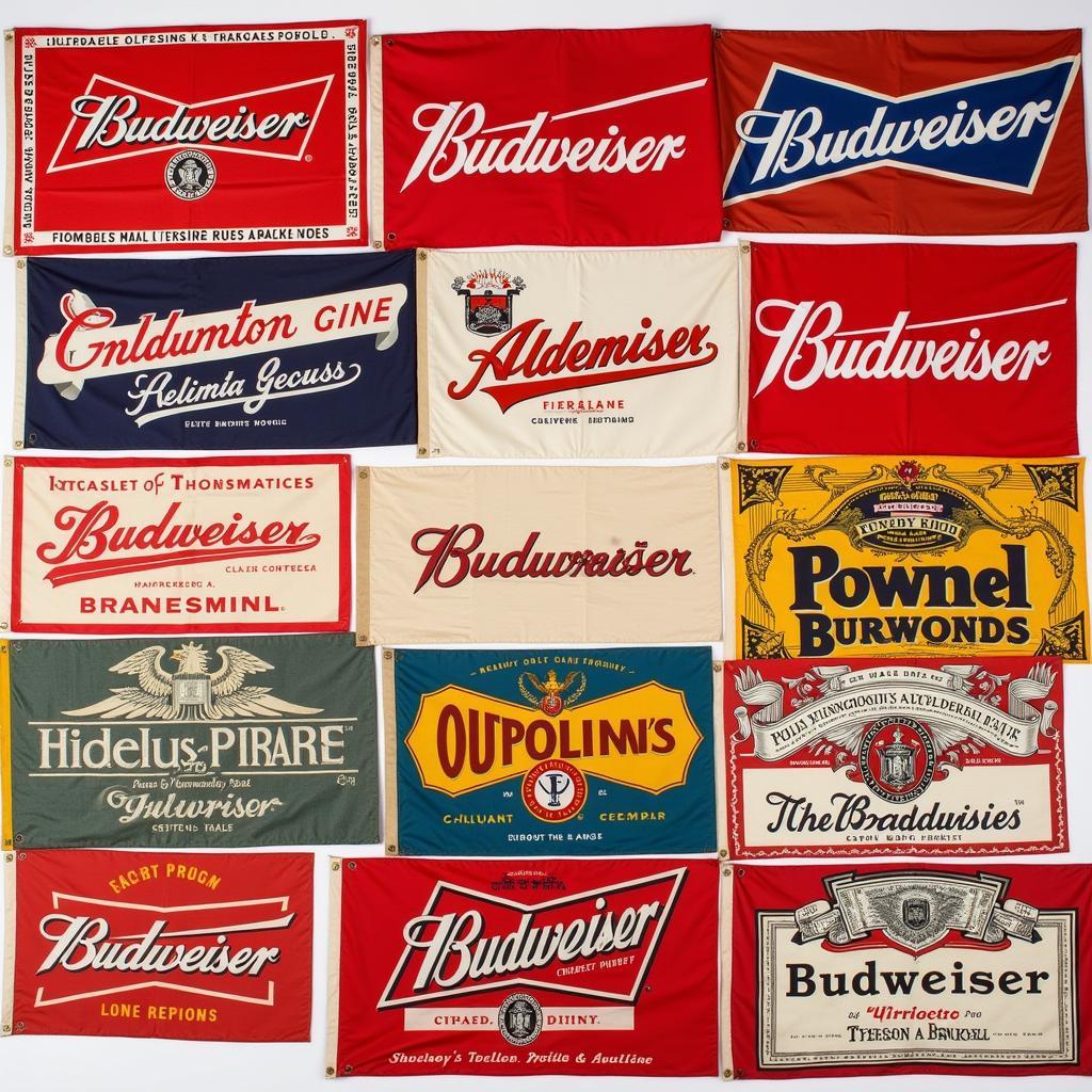 Vintage Budweiser flags displayed in a collection