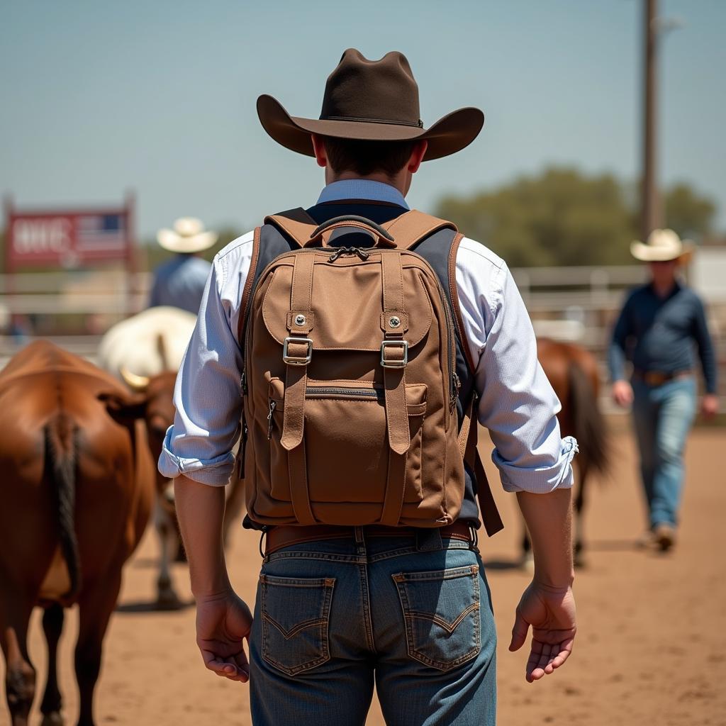 Bull rider walking with a backpack