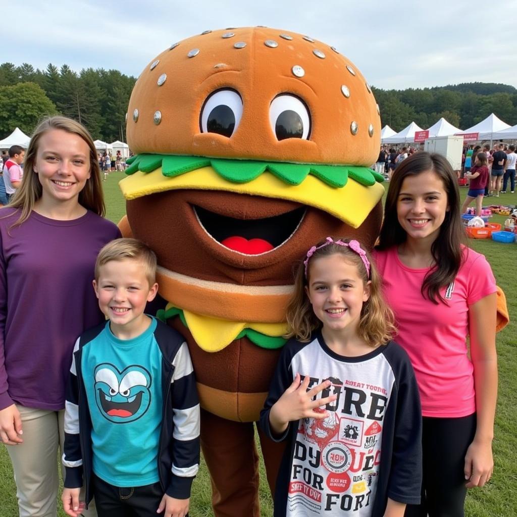 A burger mascot costume engaging with people at an event