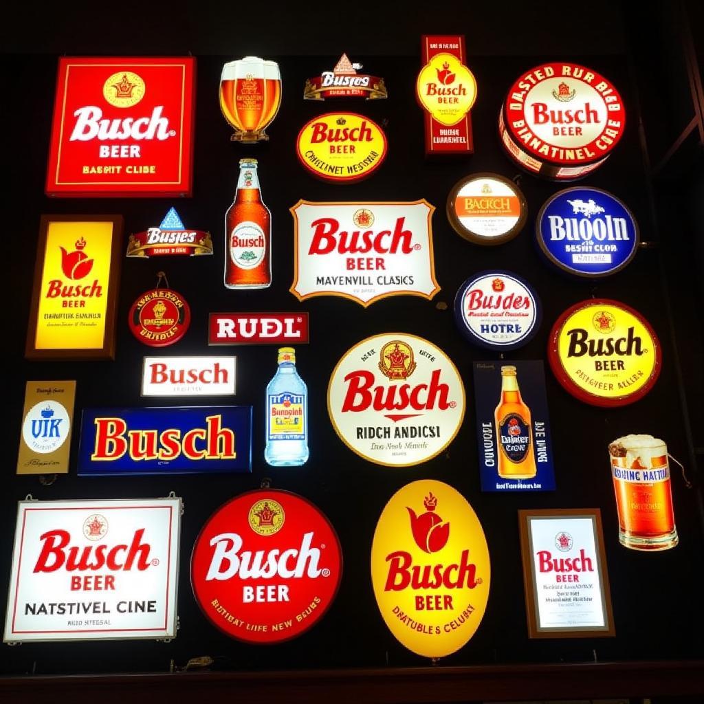 An impressive collection of Busch Beer lighted signs displayed on a wall