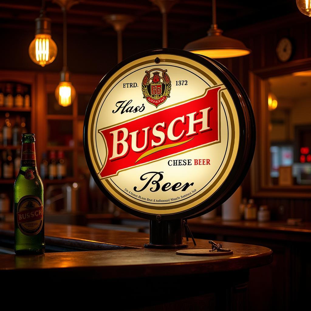 Vintage Busch Beer lighted sign illuminating a dimly lit bar