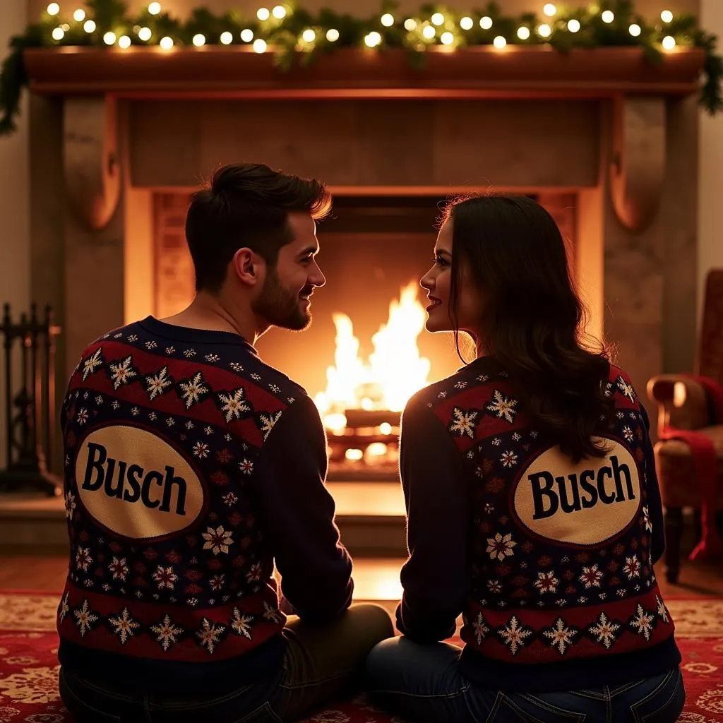 Couple wearing Busch Christmas sweaters sitting by a fireplace