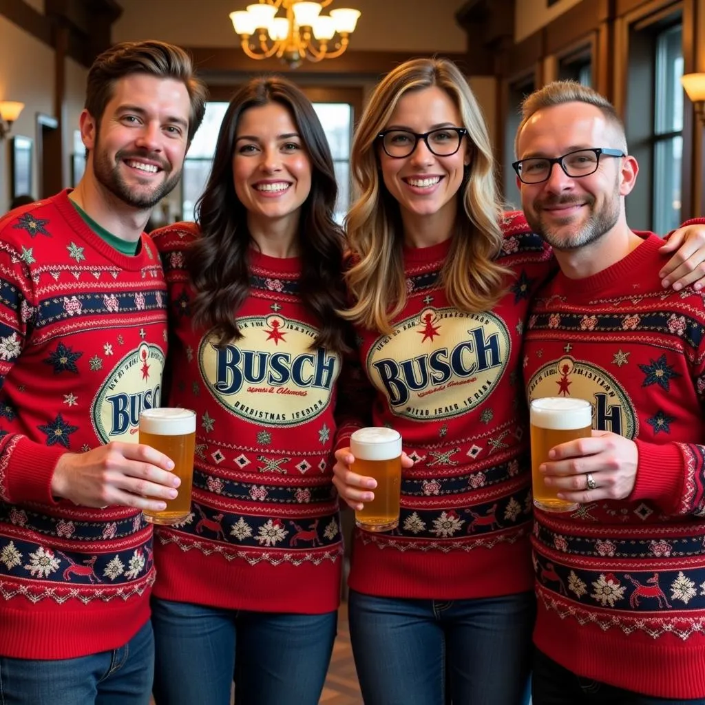 Group of friends wearing Busch Christmas sweaters