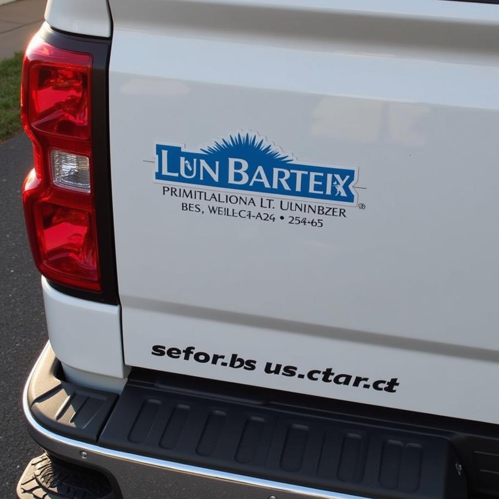 Tailgate sticker displaying a company logo and contact information.