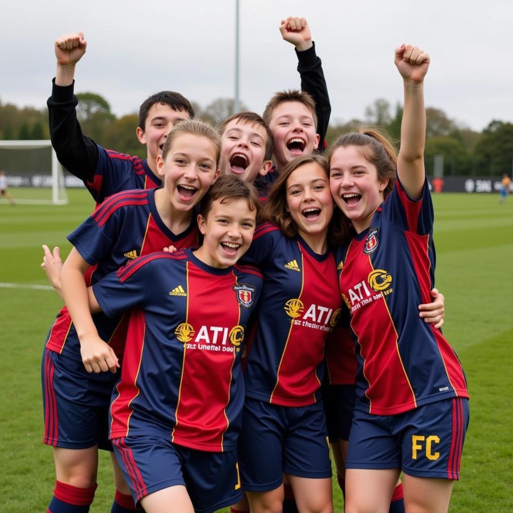 The Buxton FC youth team celebrates a goal, highlighting the importance of teamwork and camaraderie