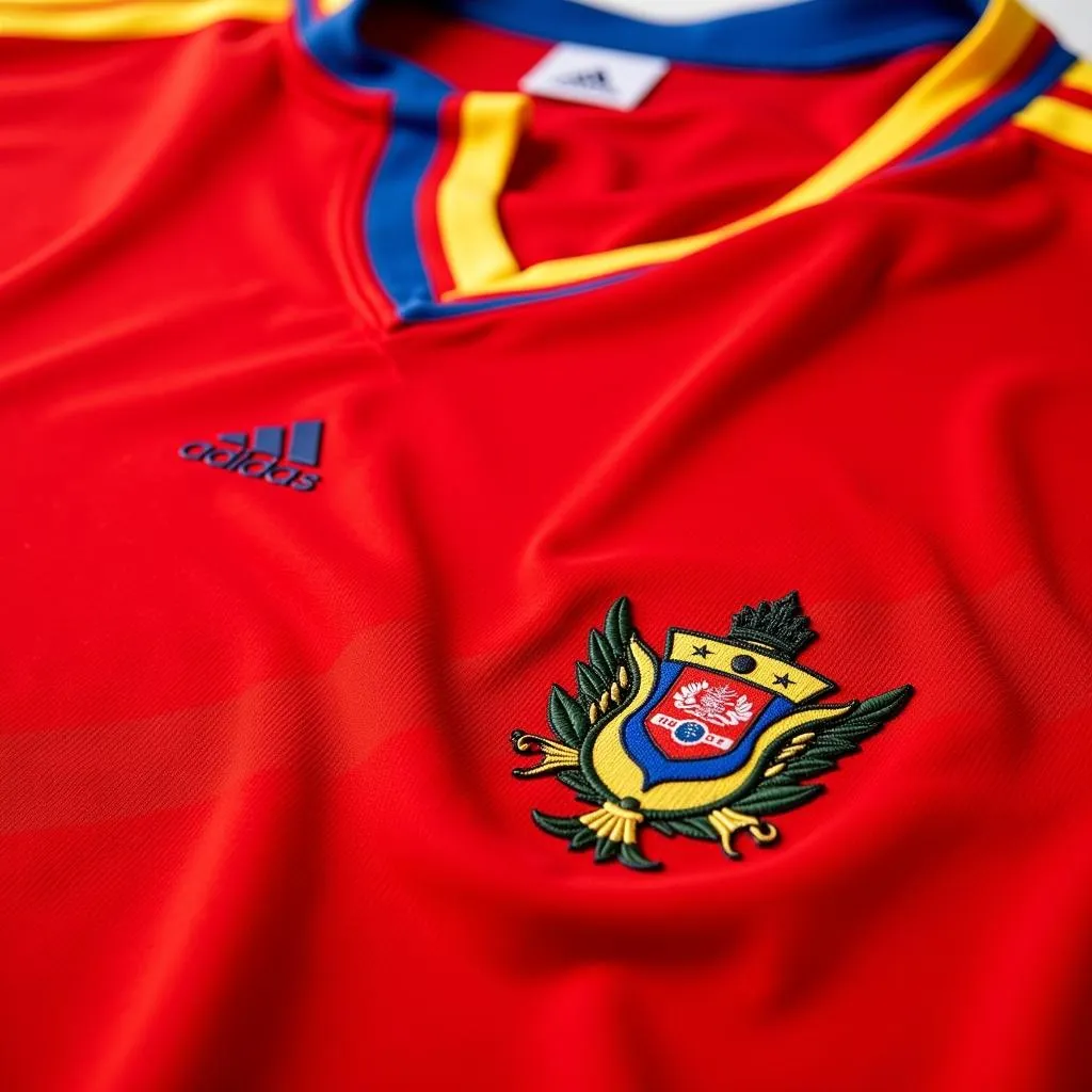 Detailed view of the camiseta Colombia roja 1990, showcasing its design elements.