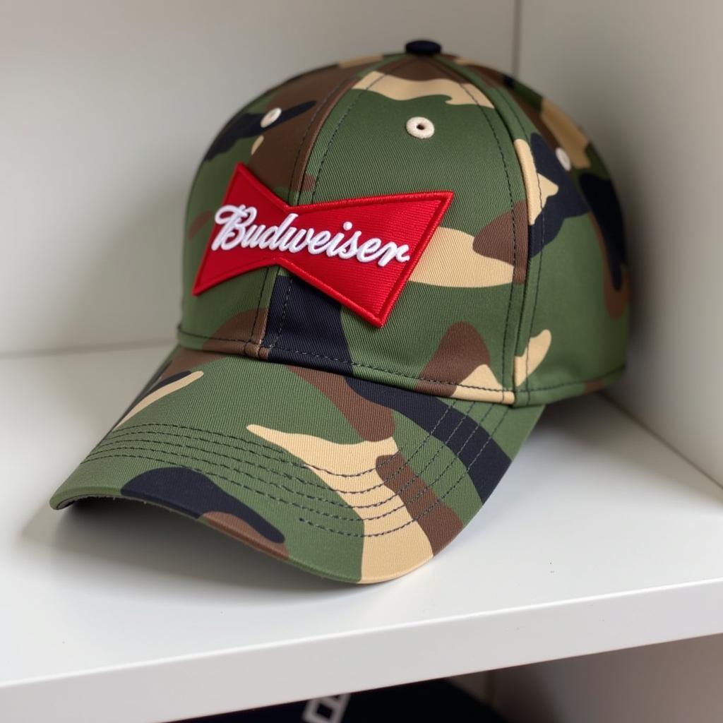 A camouflage Budweiser hat displayed on a shelf