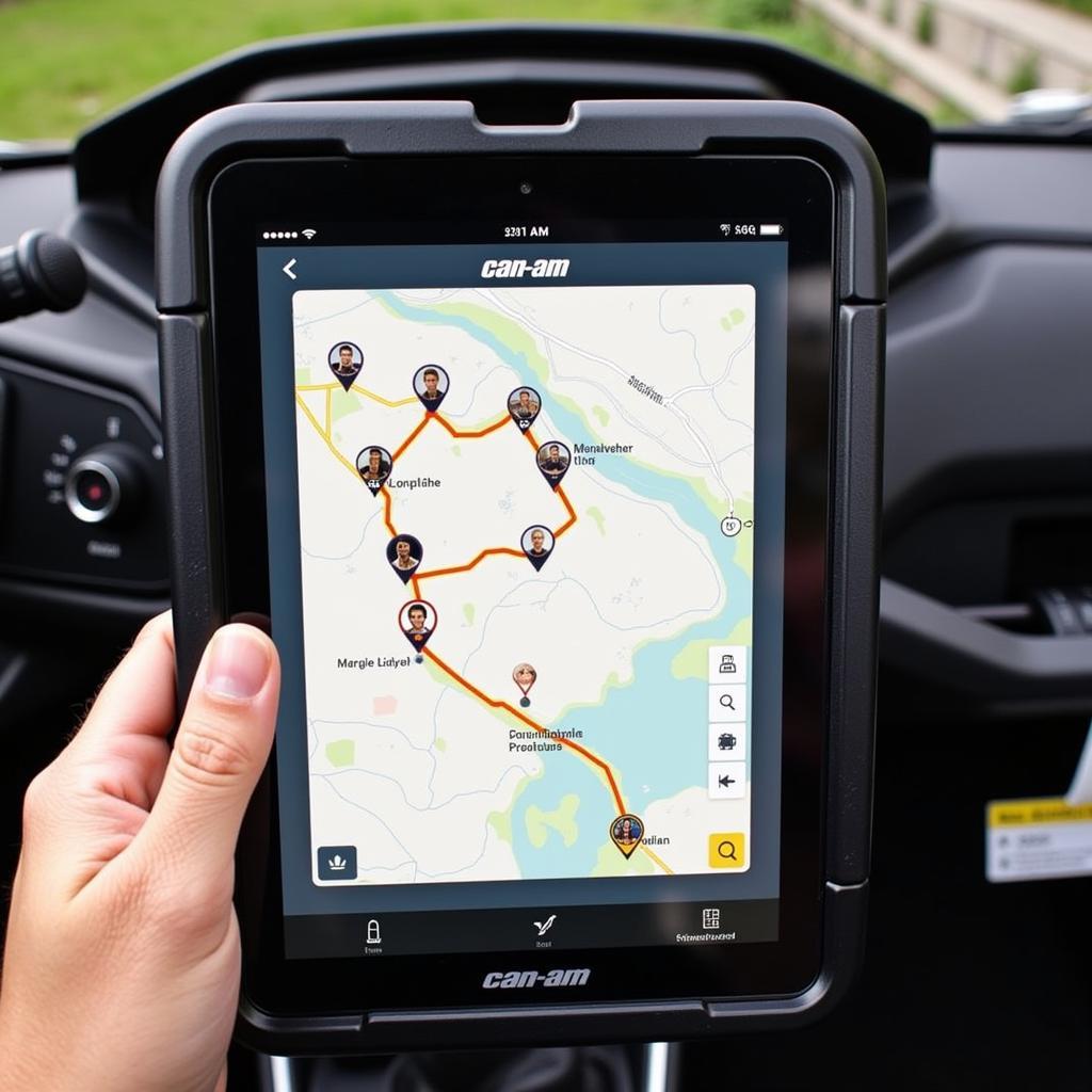 Can-Am Crew tablet displaying a group ride with location tracking.