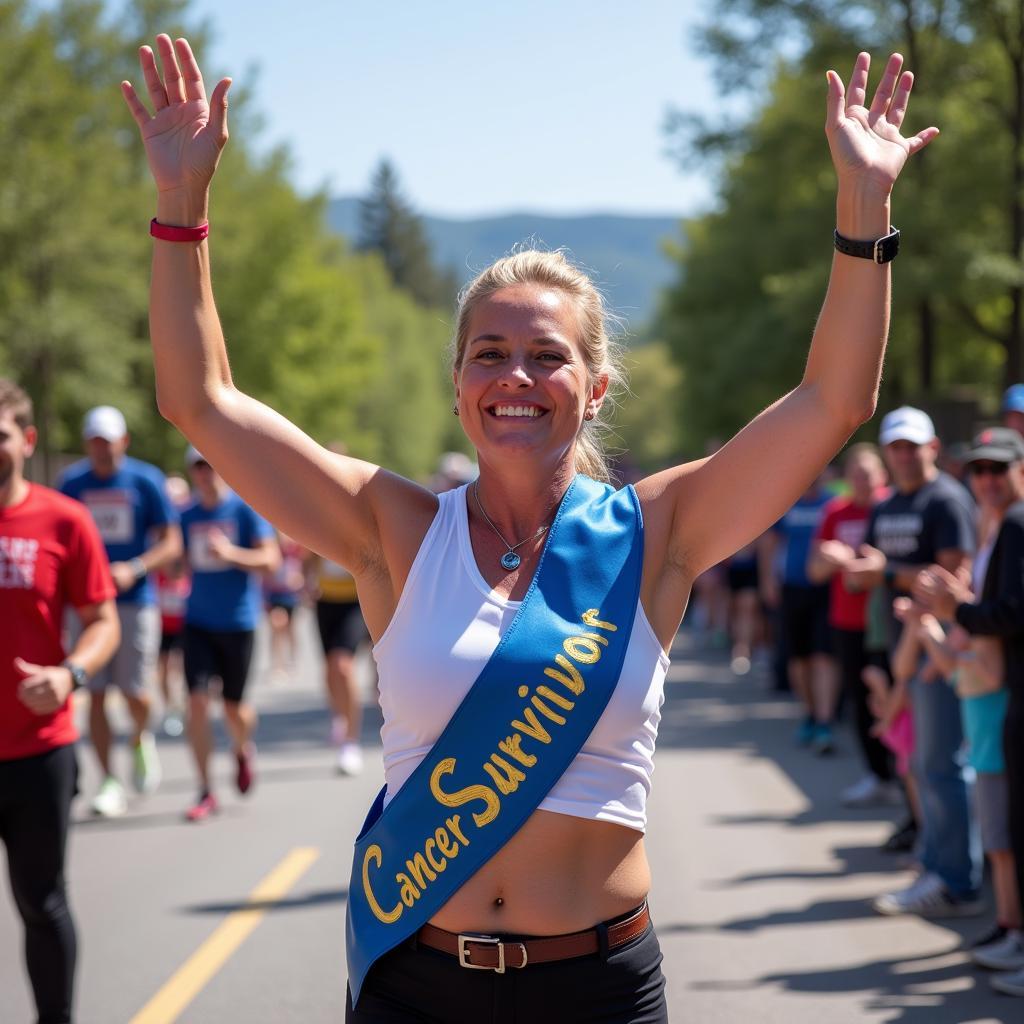 Cancer survivor celebrates crossing the finish line at a charity run