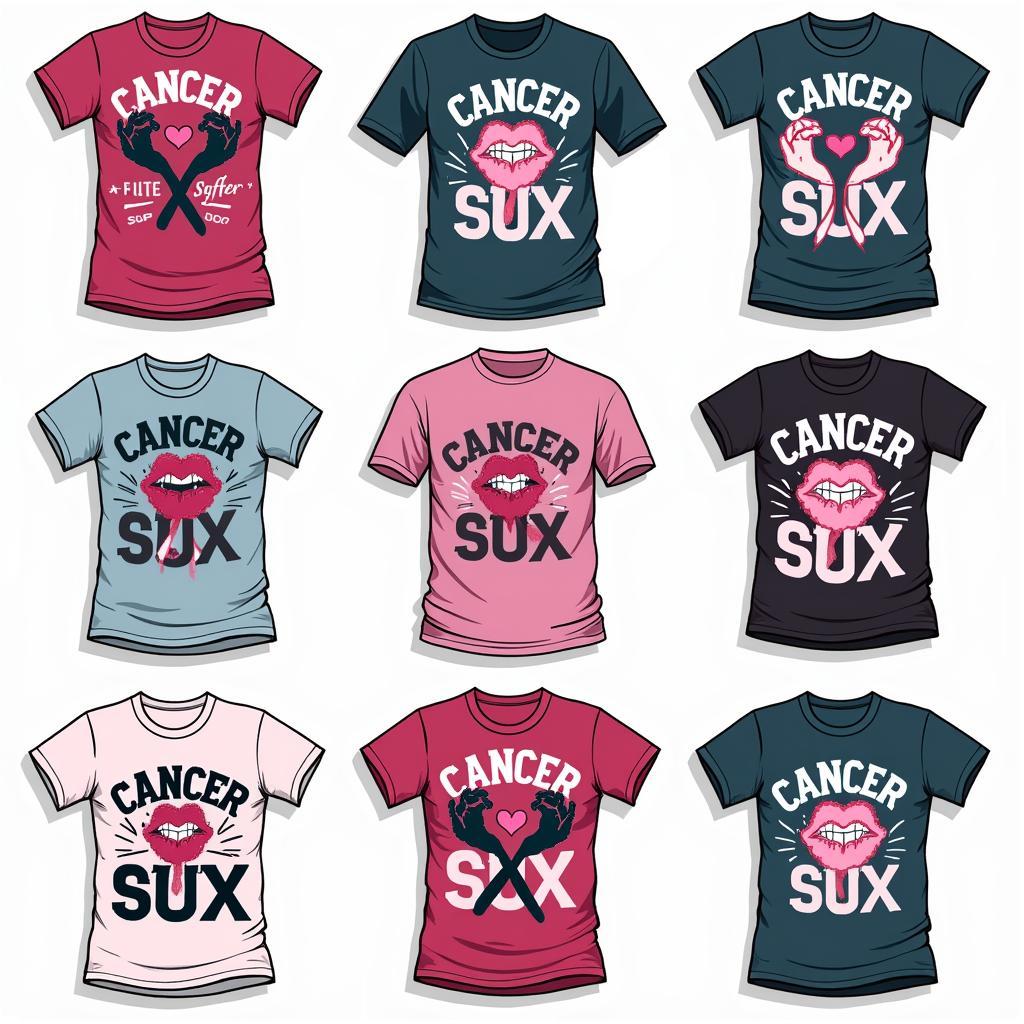 Various cancer sux t-shirt designs featuring supportive messages and graphics.