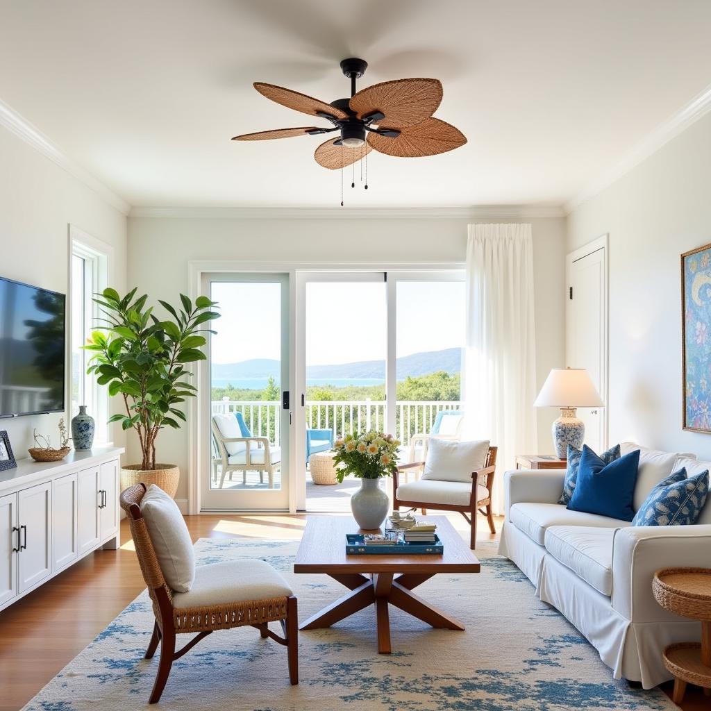 Cane ceiling fan blades in a coastal-themed living room